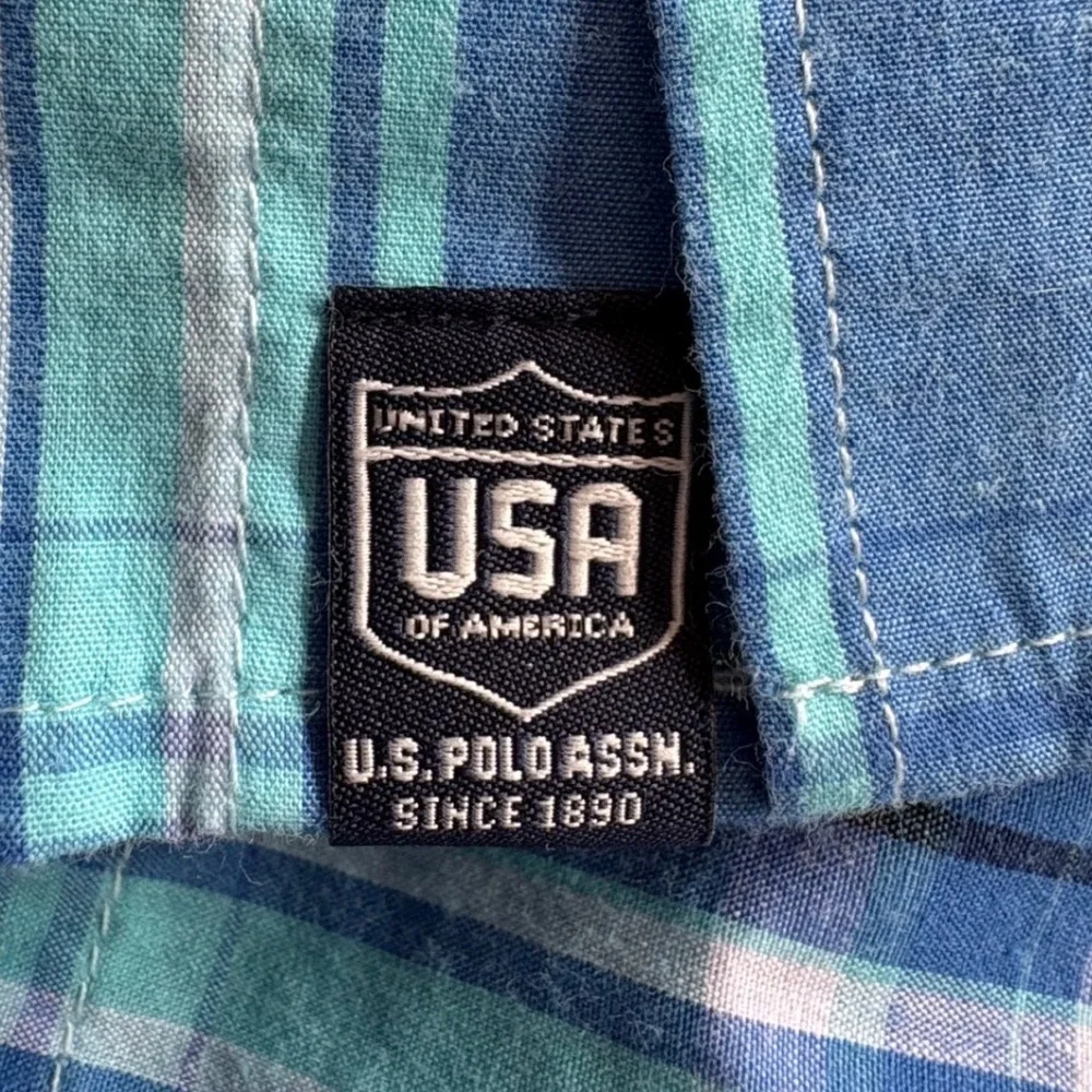 US Polo Assn Mens 2XL Blue Teal Plaid Short Sleeve Button Down Shirt Classic Fit